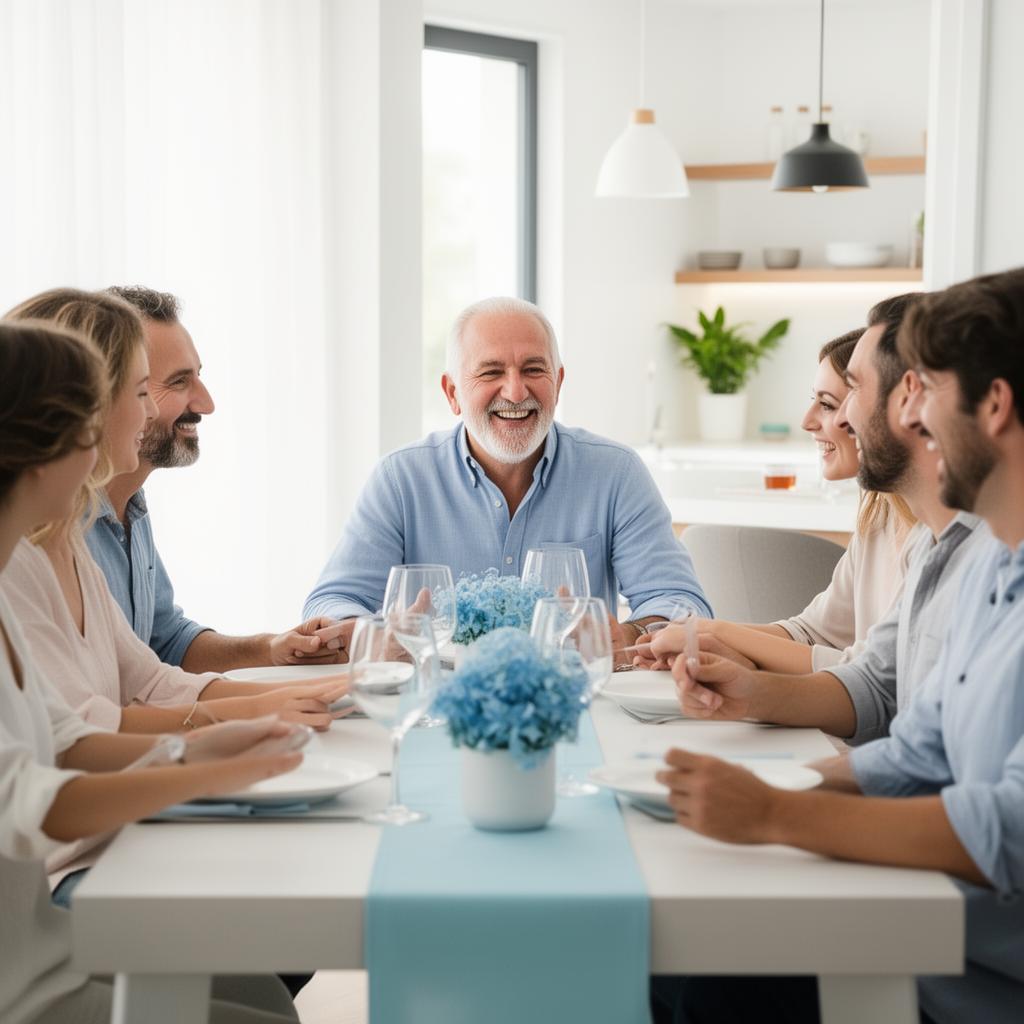 Famiglia felice a tavola, padre ascolta la conversazione